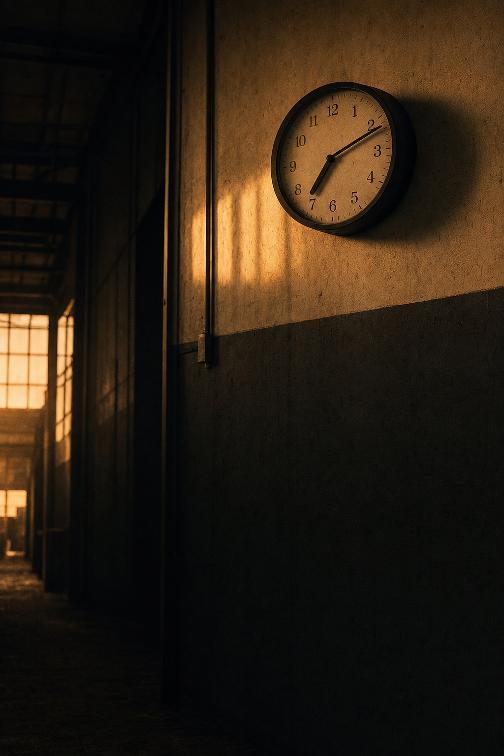 Fotografía ilustrativa: reloj de pared industrial iluminado por la luz ámbar del amanecer